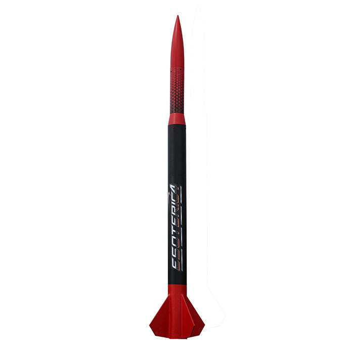 Red and black rocket model on a white background